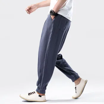 MRDONOO Čínsky štýl, pánske plátené nohavice šnúrkou bežné nohavice retro voľné bavlnené a ľanové hárem nohavice nohy nohy, nohavice K113