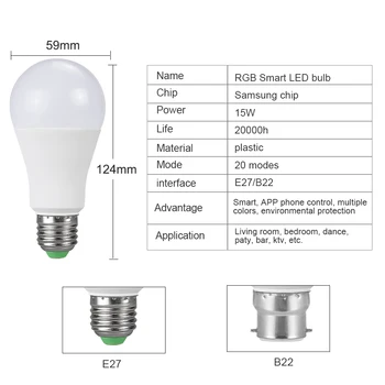 15W Ampoule RGBW LED Smart Žiarovky 85-265V E27 B22 Hudbu, Hlasové Ovládanie Bluetooth Multi-funkčné Nočné Lampy používané pre Spálne