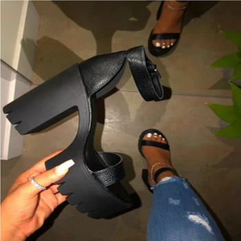 Siddons Čierne Kožené Ženy Platformu Sandále Otvorené Prst Pracky Popruhu Robustný Vysoké Podpätky Dámy Strany Topánky Žena Gladiator Sandále