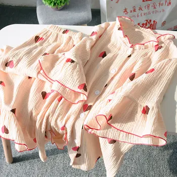 Japonský letné dámske bavlnené dvojité gázy lotus leaf rukáv ostrihané nohavice, pyžamá vyhovovali roztomilé domáce služby vyhovovali pijamas ženy