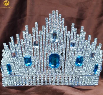 Modré Crystal Miss Universe Sprievod Tiaras Veľké Korún Jasné Drahokamu Headpiece Svadobné Svadobné Prom Party Kostýmy