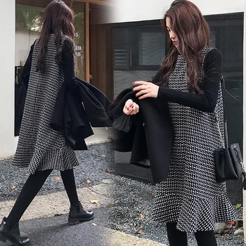 Jesenné A Zimné kórejský Dve Kus Ženy Šaty Voľné podkolienok Šaty Houndstooth Bežné Oblečenie pre Ženy Plus Veľkosť Šaty