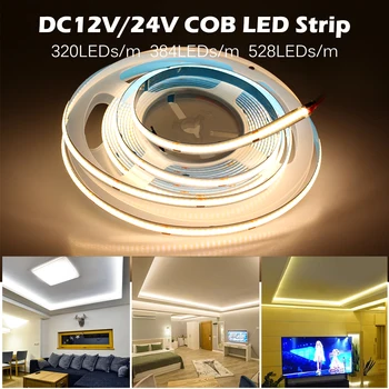 COB LED Pásy Svetla 320 384 528 Led Vysokej Hustoty Super Svetlé Flexibilné COB LED Svetlá DC12V 24V Teplé/Prírodná Biela LED Páska 5 M