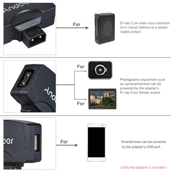 Andoer D-Poklepaním na 5V USB Adaptér Konektor pre V-Mount Videokamera, Fotoaparát Batérie pre BMCC pre iPhone iOS Android Smartphone Monitor