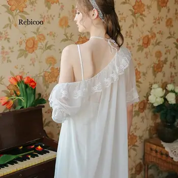 Dámske Palác Bavlna Biela Nightgowns Žena Princezná Vintage Mäkké Šľachtických Domov Spanie Šaty Dva kusy Oblek S Hrudníka Pad