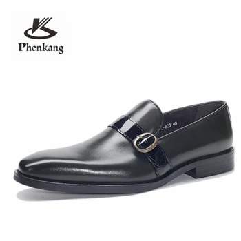 Muži kožené topánky business šaty, oblek, topánky mužov značky Bullock pravej kože čiernej slipon svadobné topánky mens Phenkang 2020