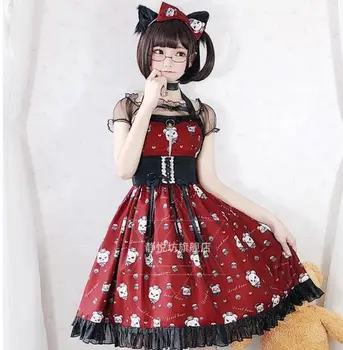 Gothic, vintage sladké lolita šaty s uväzovaním za falbala bowknot tlač vysoký pás viktoriánskej šaty kawaii dievča gothic lolita jsk loli