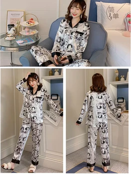 Ženy Pyžamá Nastaviť Cartoon Ice Hodvábny Satén Pajama Dlhý Rukáv Sleepwear Roztomilý Dievča Pyžamá