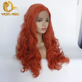 Yomagic Oranžovej Farby, Syntetické Vlasy Predné Čipky Parochne pre Ženy Telo Vlna Tepelne Odolných Vlákien Glueless Čipky Parochne Prírodné Vlasové
