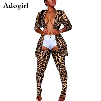 Camo Leopard Tlač Dve Kus Ženy Otvoriť Predné Sako Top +Nohavice Patria 2 Kus Zhodné Sady Sexy Klub Šaty Plus Veľkosti S-3XL