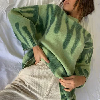 Elegantný Zelený Pruhované Tlač Nadrozmerné Pulóvre Ženy Zimné O-Krku Voľné Dlhé Svetre Streetwear Teplé Vrchné Oblečenie 2020