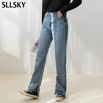 SLLSKY Vintage Vysoký Pás Rovné Džínsy Ženy Streetwear Voľné Žena Denim Trouses Zips Split Dámy Celej Dĺžky Džínsy