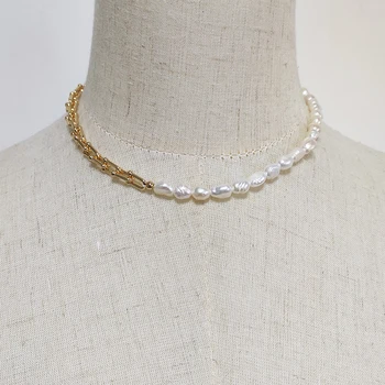 Kreatívny dizajn zlata-farebná reťazca choker prírodných sladkovodných perál šitie trendy očarujúce šperky pre ženy banquet náhrdelník