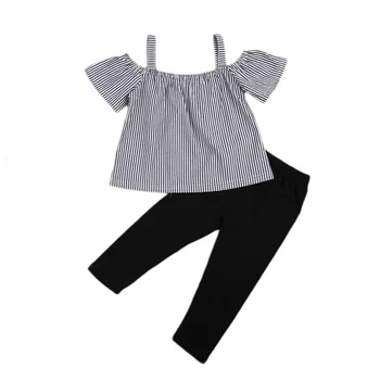 Dieťa Dieťa Dievča, Mimo Ramenný Topy T-Tričko Pruhované Tlač +Čierne Nohavice 2 ks Oblečenia Dieťa Ležérne Oblečenie