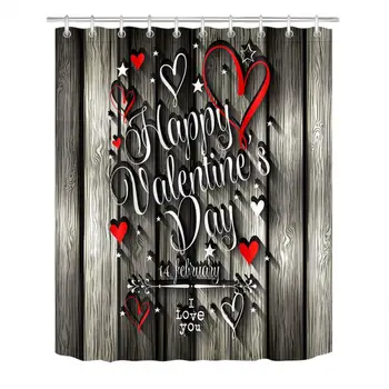 Happy Valentines Day Nepremokavé Sprchový Záves Červené Srdcia Klasická drevená Doska Kúpeľňa Opony Šedá Záves S 12 ks Háčikov