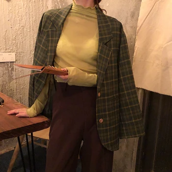 Kórejské Ženy Jeseň Zelený Kockovaný Kabát, Sako Singel svojim Vonkajšie Nosenie Bunda s Vrecku Vintage Plus Veľkosť Dlhý Rukáv