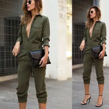 Jeseň Cool Fashion Ženy Plus Jeans Denim Obyčajný Armády Zelené Tlačidlo Pevné Trakmi Jumpsuit Náprsníkové Nohavice Dungarees Širokú Nohu Nohavice