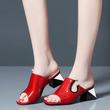 Meotina Ženy Sandále Jarné Topánky Prírodné Skutočné Námestie Päty Papuče Reálnom Kožené Crystal Strany Topánky Dámske Červené Veľkosť 34-39