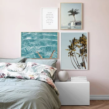 Plagát Nordic Ružová Tropických Rastlín, morských Vĺn Prírody Wall Art Plátno Plagáty a Vytlačí Autobus Dekoratívne Obrázky Na Obývacia Izba