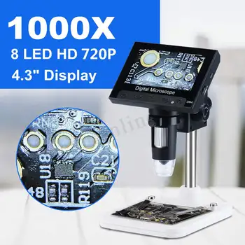 Nastaviteľné 1000X 2MP 720P 8 LED Digitálny Mikroskop 4.3 palcový USB Elektronická Lupa Endoskopu Pre PCB Dosky Telefón Opravy