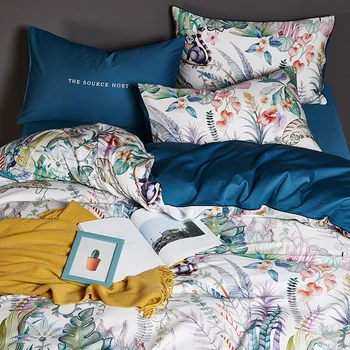 TUTUBIRD Zelená pastoračnej posteľná bielizeň Luxusná posteľná bielizeň z Egyptskej bavlny nastaviť dievčatá kvetinová čistá mäkké listy Saténové obliečky kryt prehoz cez posteľ