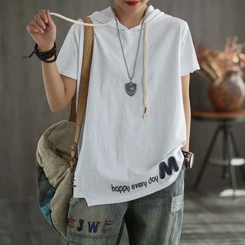 2020 Nové Letné Kórea Módne Ženy Krátky Rukáv Bežné tričko Bavlna Voľné Kapucňou Tee Tričko Femme Topy Plus Veľkosť S291