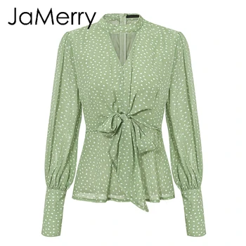 JaMerry Vintage dot tlače zelená ženy šifón, blúzky, košele motýlik vysoký pás peplum topy Lístkového rukáv žena topy, blúzky, košele