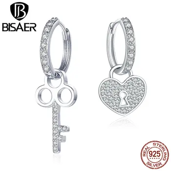 BISAER Hot Predaj 925 Sterling Silver Láska Srdce Lock & Crystal Key Tvar Stud Náušnice Stud Ženy, Svadobné Šperky Brincos ECE577
