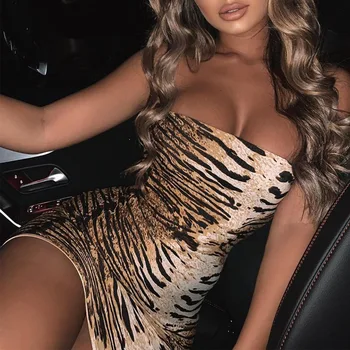BOOFEENAA Tiger Gepard Tlač Sexy Bodycon Šaty 2019 Jeseň Fashion Špagety Popruh, Mini Šaty Žena Strany Noc Clubwear C70H2