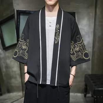 #4332 Streetwear Kimono Košele Mužov Lete Harajuku Vintage Kimono Cardigan Male Vintage Výšivky Plus Veľkosť 5XL Biela Čierna