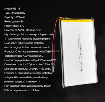 1pc 10000mAh 3,7 V 8565113 Lítium Li-polymérová Nabíjateľná Batéria Li-ion, Li Po buniek Na Tablet, DVD, GPS Zdravotnícke pomôcky
