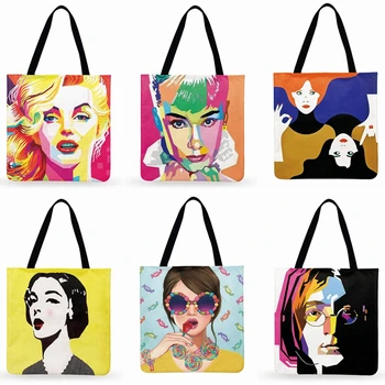 Americká Pop-Art Tlač Tote Taška Pre Ženy Monroe A Hepburn Bežné Skladacia Nákupná Taška Bielizeň Textílie Vak Outdoor Plážová Taška