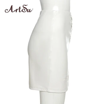 Artsu White PU Šaty Mini Šaty Zviazať Ruched Vysoký Pás Sukne Sexy Party Club Streetwear 2020 Lete Mini Sukne ASSK70290