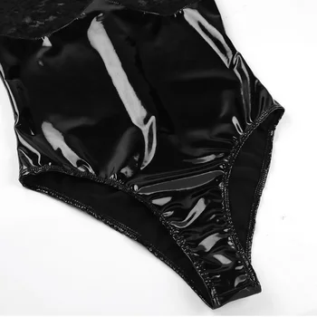 IEFiEL Dámske Wetlook Latex sexy body Babydoll Clubwear Čipky Spájať See-through High Cut Zips, spodné Prádlo Bodycon Kombinézu