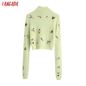 Tangada kórea elegantné ženy výšivky turtleneck sveter vintage dámy krátke štýl sladké pletené jumper topy BE109