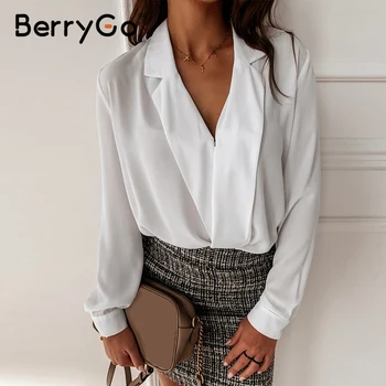 BerryGo Office lady v krku, blúzky, košele s Dlhým rukávom jar leto biele blúzky, topy Ženské pracovné oblečenie žien tričko bežné blusas