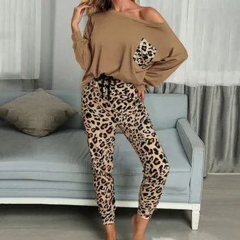 2020 Leopard Oblečenie Pre Voľný Čas Vyhovuje Ženy Jeseň Bežné Tričká Šnúrkou Tepláky Salónik Nosiť Módne Pajama Stanovuje Pružná Sleepwear
