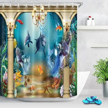 LB Luxusné Podmorských Palác Ryby Dolphin Morská víla Sprchový Záves A Mat Nastaviť Nepremokavé Polyesterové Kúpeľňa Textílie Pre Vaňou Dekor