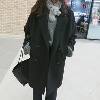 Minimalistický Zima Dlhá Bunda Ženy Coats Kórejský Voľný Čas Nadrozmerná Vlnené Kabát Veľkosť Koleno Dĺžke Dámske Kabáty Čierna Sivá