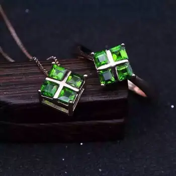 Vernosť Prírodných 3 mm diopside s925 mincový striebro klasické jemné šperky sady pre ženy zelený drahokam krúžky Pendan