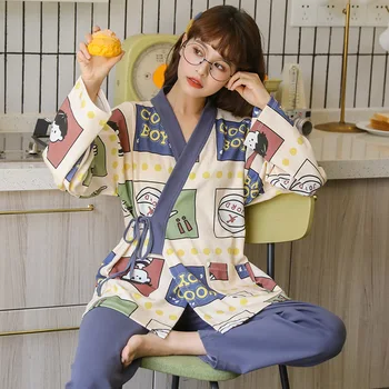 YRRFUOT 2020 Jeseň Zima Bavlnené Pyžamo dámske Dlhé rukávy Nohavice, oblečenie pre voľný čas Oblek Japonské Kimono Roztomilý Kreslený Dievčatá Pyžamá