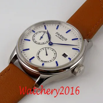 43mm parnis biela dial dátum power reserve modré značky ST2530 Automatický pohyb pánske hodinky