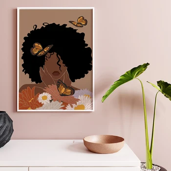 Abstrakt Africkej Ženy Umenie Výtlačkov Hlava Kvet, Motýľ Afro Žena Black Dievča Boho Plagát Plátno Krásy Maľovanie Obrazov Na Stenu