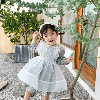 Jar Nový Príchod kórejský štýl bavlna sladké kvety vzor dlhý rukáv šaty s čipkou duté golier pre roztomilé dieťa dievčatá