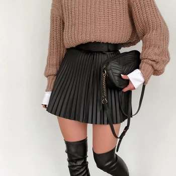 Jeseň Zima Vysoký V Strede Zúžený Sukne Ženy, Oblečenie Black Skladaný Požadovali Zips Riadok Mini Krátke Sukne Módne 2020 High Street