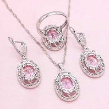 Luxusné Ružová Cubic Zirconia Svadobné 925 Silver Šperky Sady Pre Ženy Narodeniny Náramok, Náušnice, Náhrdelník Krúžok Vianočný Darček