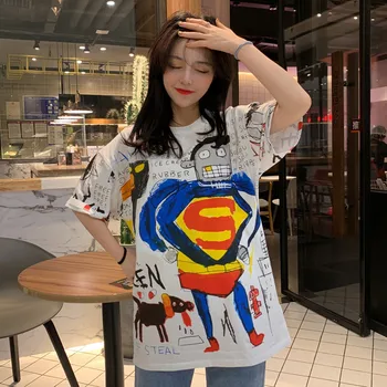 Harajuku lete nové Nadrozmerné t-košele, topy kórejské Oblečenie krátky Rukáv hip hop Streetwear Cartoon vytlačené T Shirt Ženy t-shirt