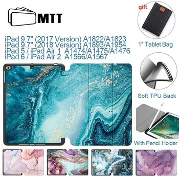 MTT Mramoru puzdro Pre iPad Vzduchu Vzduchu 1 2 9.7 palca 2017 2018 Mäkké TPU+Kože Flip Stojan, Kryt Smart Prípad Tabletu S Ceruzkou Držiteľ