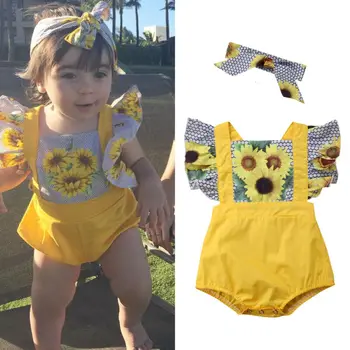 2020 Jednodielnych Novonarodené Dievčatká Slnečnice Krátky Rukáv Jumpsuit Kombinézu Sunsuit Oblečenie Set