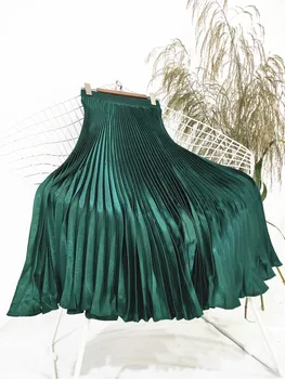 Zložiť sukne zvrásnený ŽIEN DLHÁ sukňa GITL slovo dlhé ženské orgán plait sukne satin farbe kovu obnovenie dávnych spôsoby